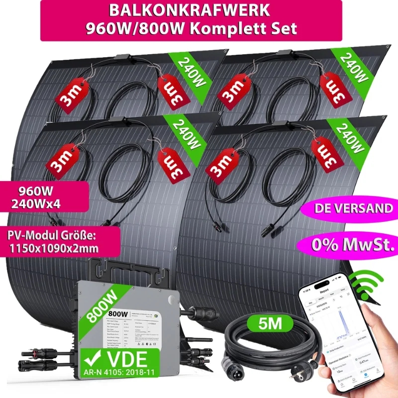 960W Solarbausatz | 4 x 240 W Panels | Flexibel, hoher Effizienz | Plug & Play für Balkon, Wohnmobil, netzunabhängig Image