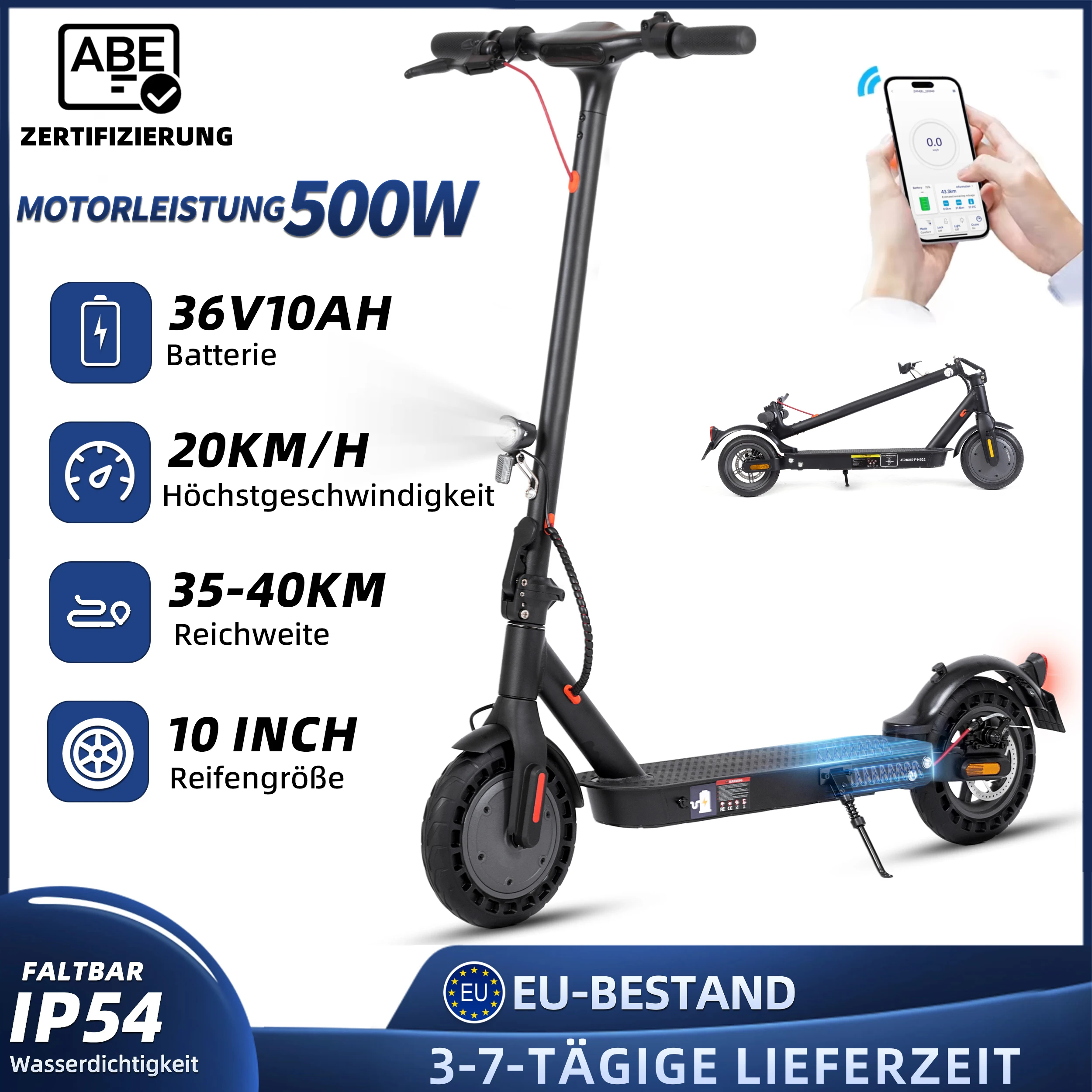 10-Zoll-Elektroroller für Erwachsene, 500-W-Motor, 36 V 10 Ah, 35–40 km Reichweite, faltbarer E-Scooter mit Doppelbremsen, APP- und ABE-zertifiziert Image