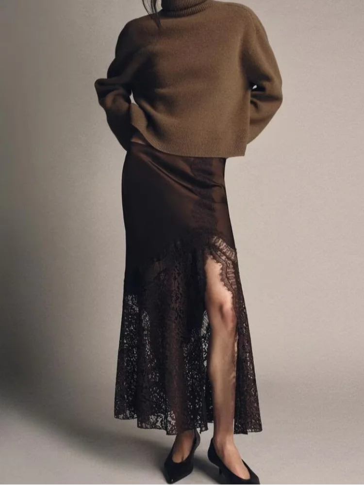 Sexy Spitze Patchwork Langen Rock Frauen Elegante Mode Feste Taille Cinched Mid-länge Unten Dame 2025, Täglichen Pendeln Straße röcke Image