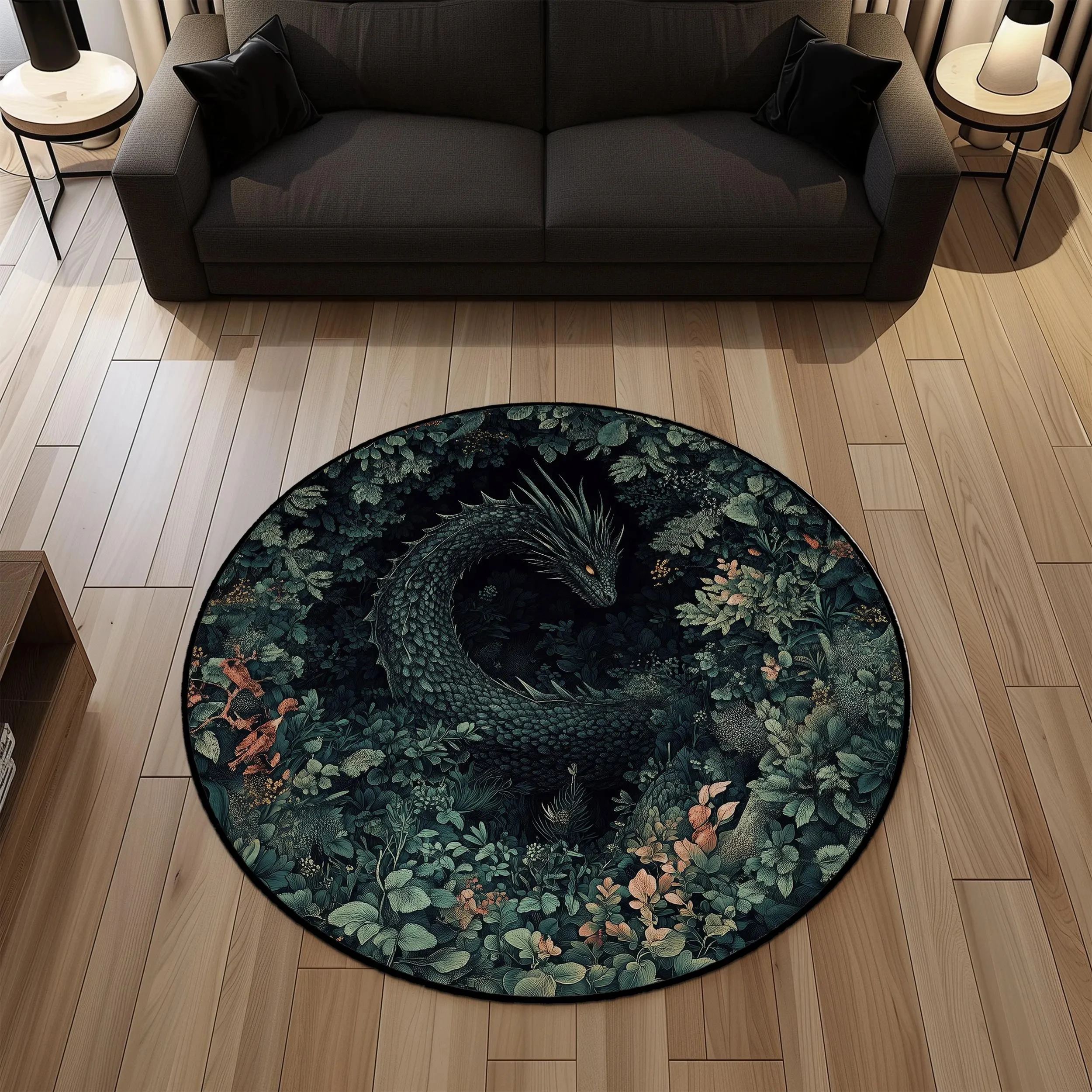 1 Stück runder Teppich mit Fantasy-Wald-Drachen-Muster, rutschfeste Bodenmatte für Wohnzimmer, Schlafzimmer, Badezimmer, Urlaubs-Heimdekoration Image