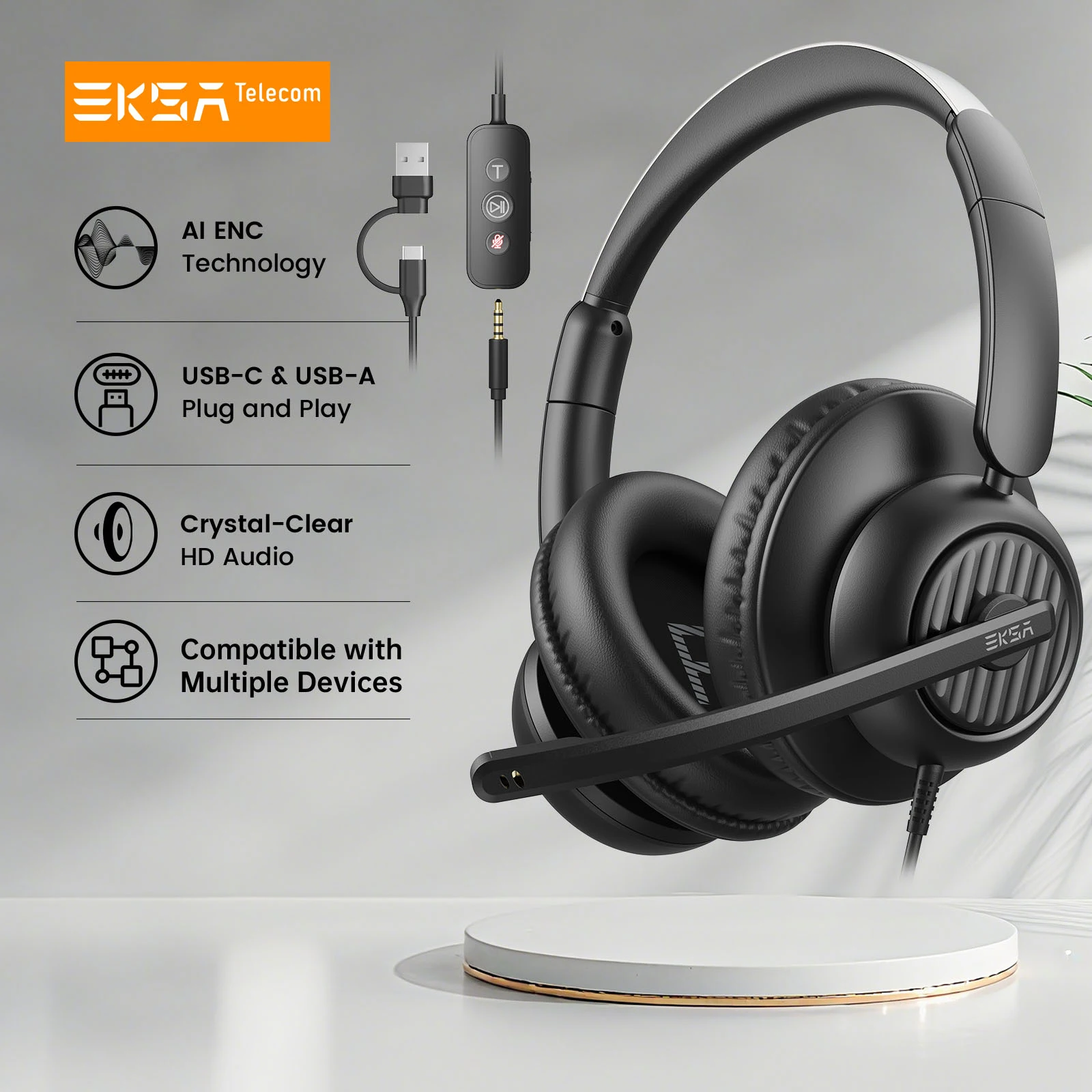 EKSA H8 Büro-Headset mit Mikrofon mit Geräuschunterdrückung, USB/Typ C/3,5 mm kabelgebundene ENC-Kopfhörer für PC/Telefon-Stummschaltung/Team-Taste