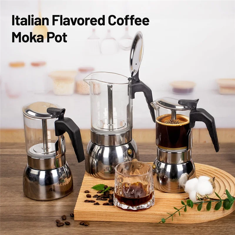 -A89Z 9-Tassen-Glas, klar, italienische Kaffeemaschine, Moka-Kanne, Edelstahl, verdickter Herd, Espressomaschine, 450 ml, 15 Unzen Image