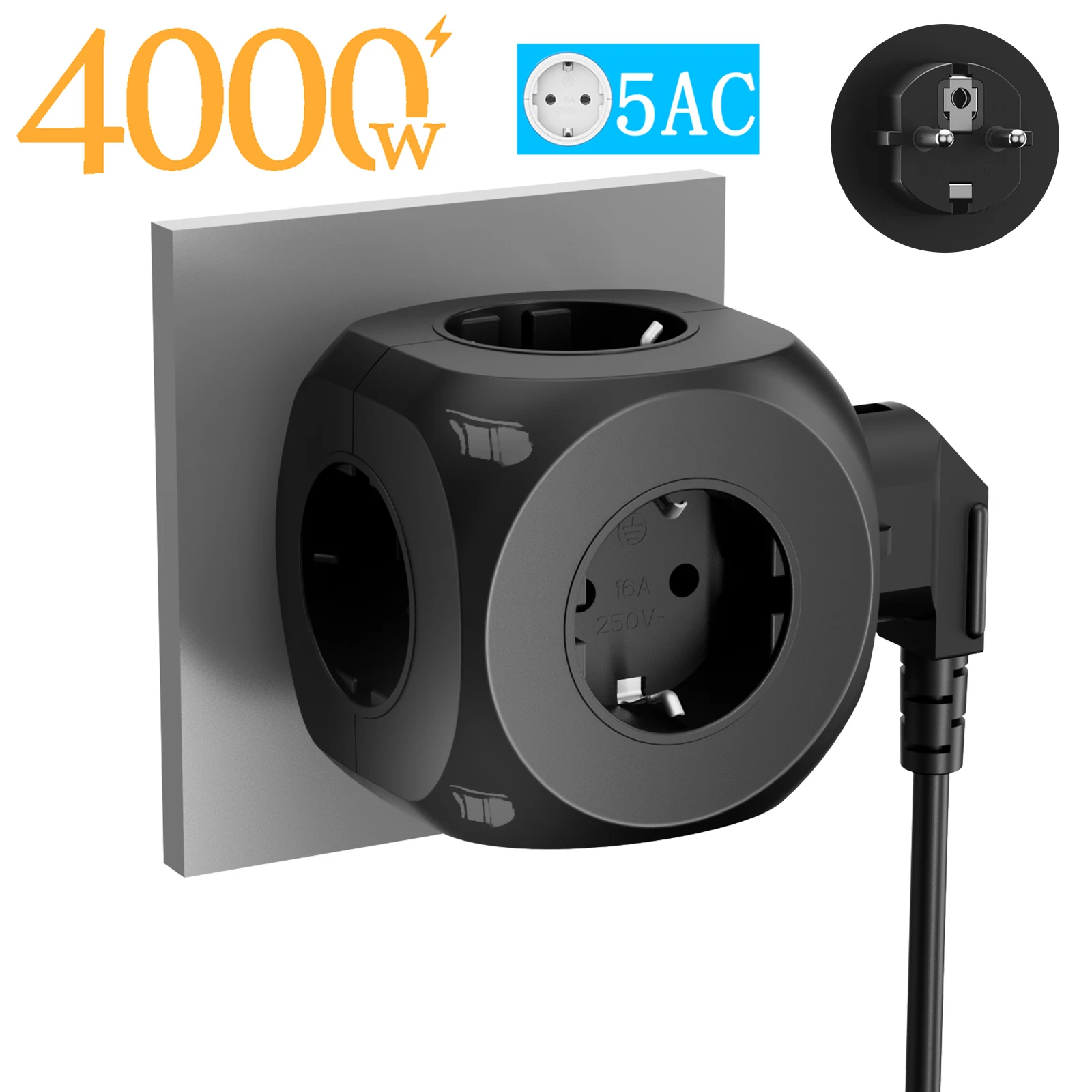 5-in-1-EU-Stecker zur Wandmontage, Multitap-Steckdosenleiste, 4000 W, 5 AC-EU-Stecker, Steckdosen nach europäischem Standard, geeignet für Zuhause und draußen usw Image