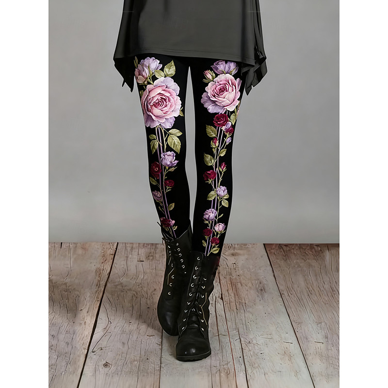 Women's Leggings Cozy Leggings Vacation Casual Full Length High Waist Floral Graphic Printing Comfortable Stretchy Casual Daily Vacation Black Spring Fall Slim Fit
