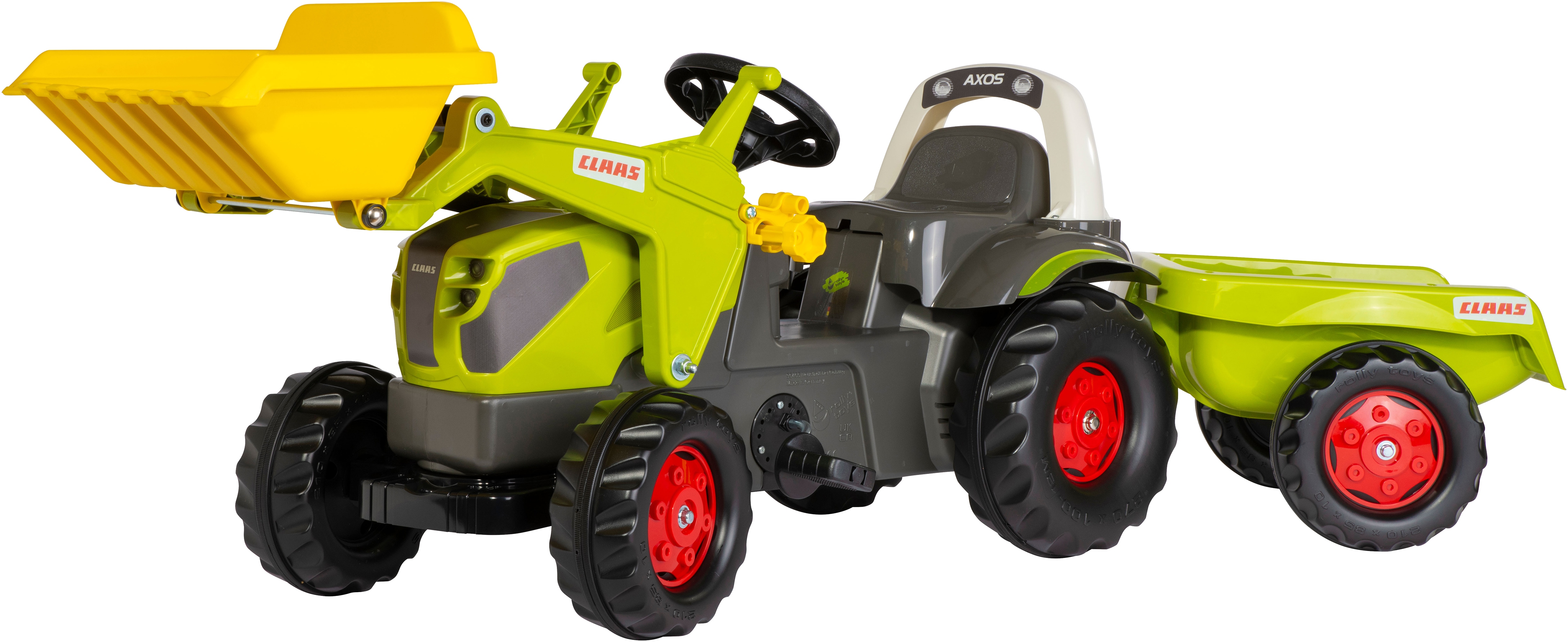 Trettraktor ROLLY TOYS "rollyKid Claas Axos 240 mit Frontlader und Anhänger", grün, Tretfahrzeuge, KinderB:47cm H:55cm T:161cm, Kunststoff, B:47cm H:55cm T:161cm