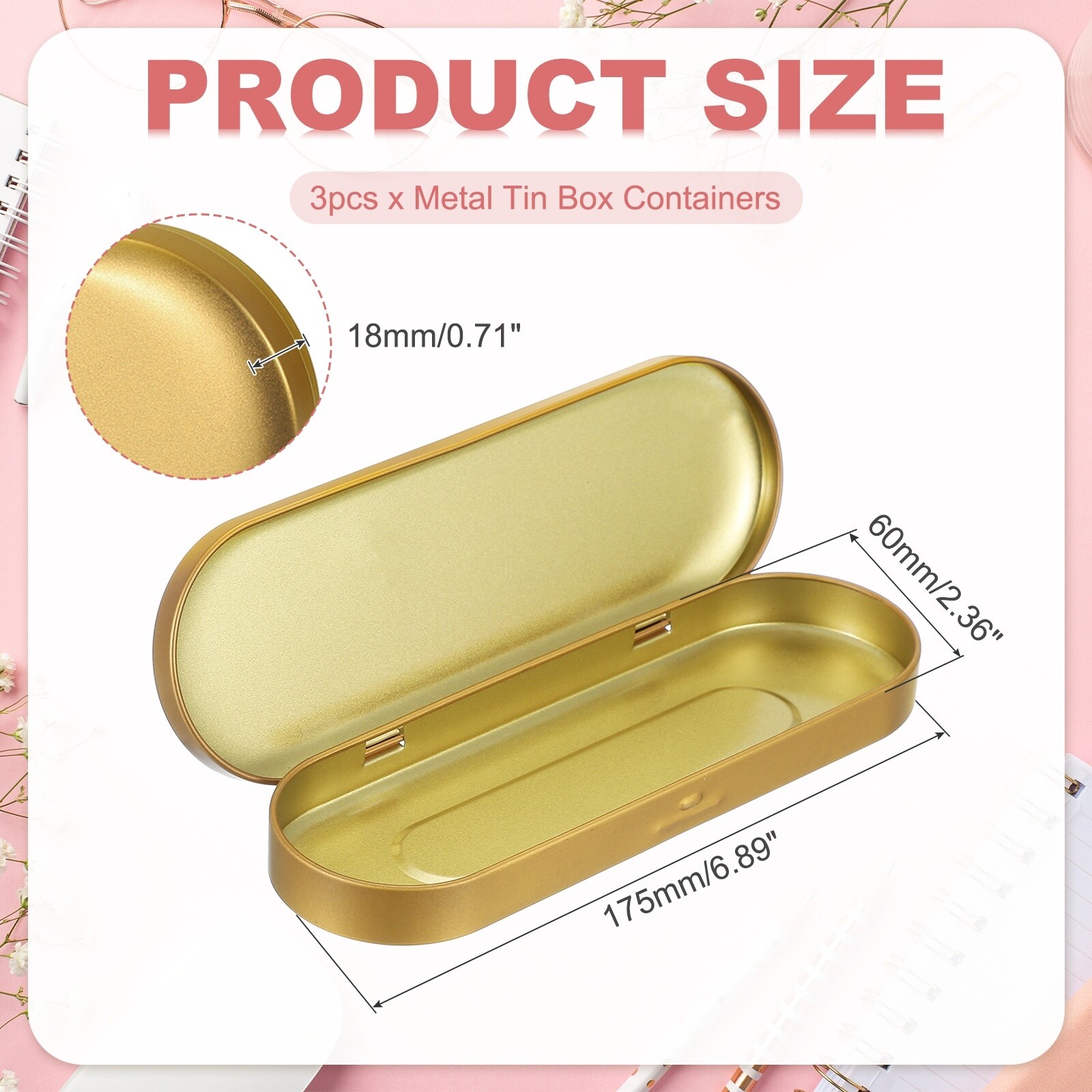 Metal Hinged Tins Box Rectangular Empty Tin Box Portable Pencil Containers for Pen Makeup Brushes - 6.9x2.4x0.7 inch