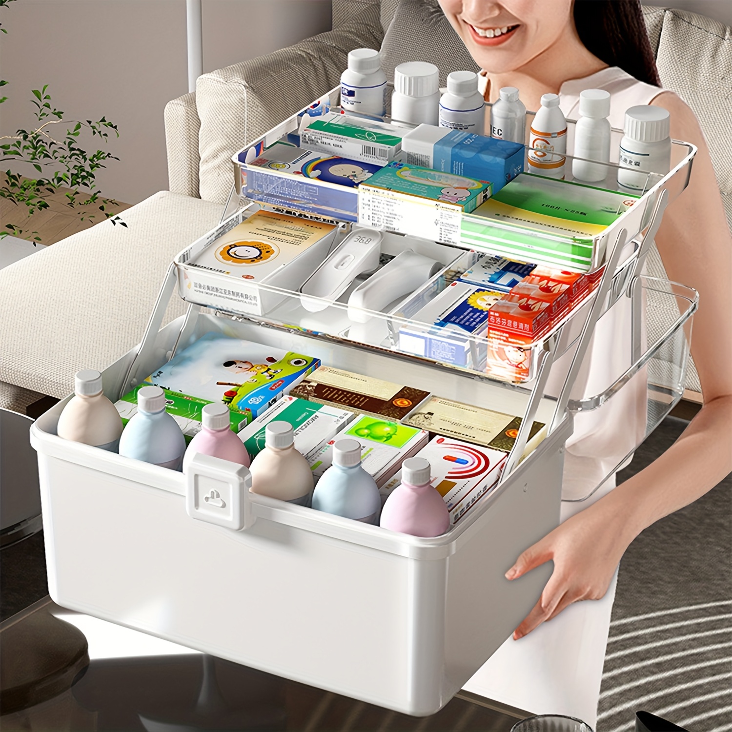 Three Layer Large Capacity Household Medicine Box, Foldable Toolbox Multi Functional Storage Box, Art Handicraft Storage white