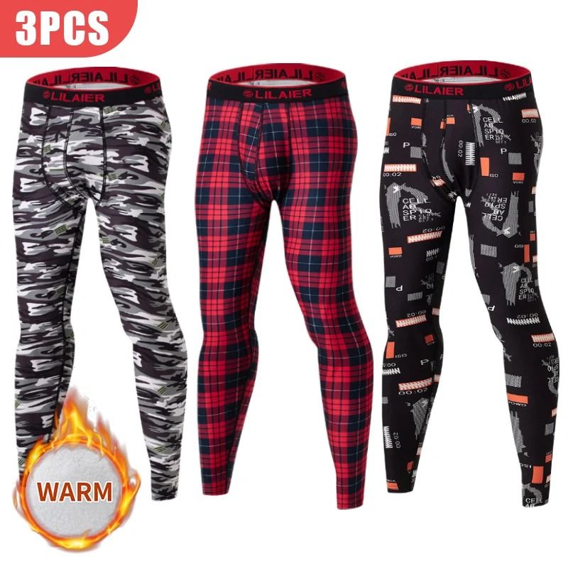 Mens Printed Warm Pants Autumn Winter Leggings Soft Comfortable Plus Size Underwear m black