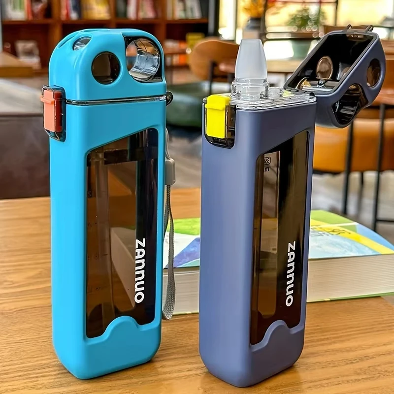 350 ml quadratische Stroh-Wasserflasche, Kunststoff-Wasserflasche, auslaufsichere Sportflasche mit abschließbarem Deckel und Messungen für den Außenbereich Image