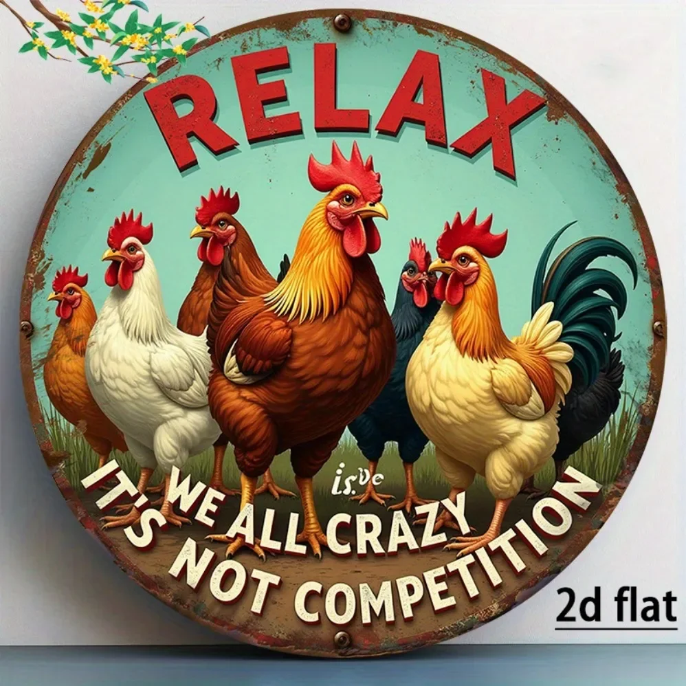 „Vintage „Relax, We're All Crazy“ Huhn-Wanddekoration aus Aluminium: Schrulliger Akzent für Häuser, Büros und Cafés | Perfektes Ostergeschenk, Image