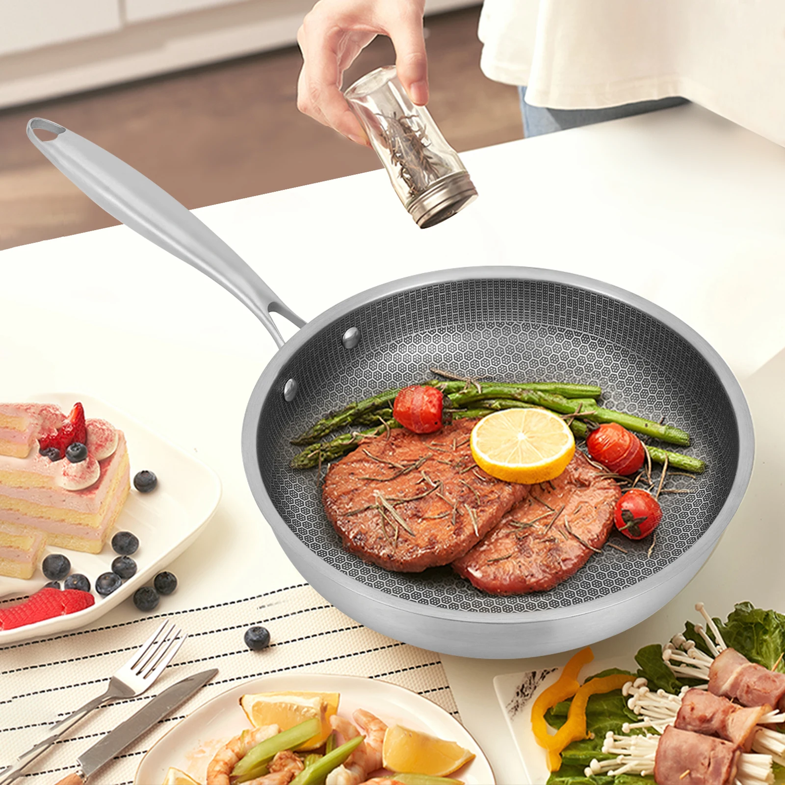 28/32 CM Bratpfanne 410 Edelstahl Wok Pfanne Gas Induktion Keramik Herd Kompatibel Küche Kochgeschirr Image