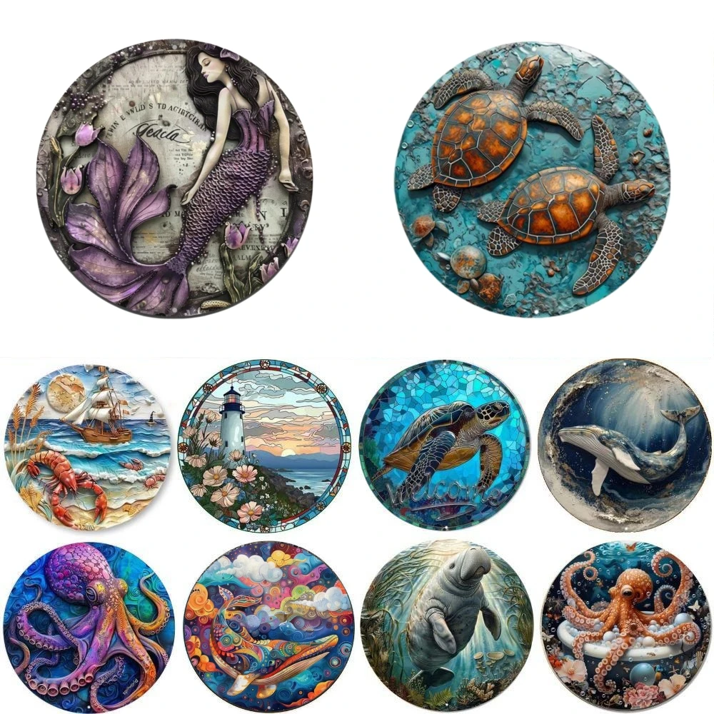 Wal-Meeresschildkröten-Thema, rundes Metall-Aluminium-Schild, Kunst, Desktop, dekorative Teller für Bar, Café, Club, Hof, Zuhause, Büro, Wanddekoration Image