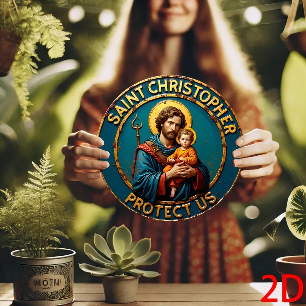 Vintage-Wandkunst aus Metall von St. Christopher – religiöses Dekor in Blau und Gold, kreisförmiges Schild für Zuhause, Büro oder Zimmer, Wandbehang im Innenbereich