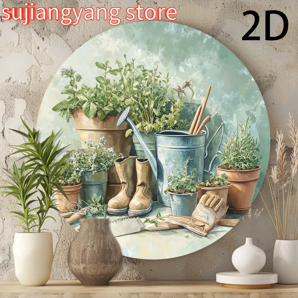 20,3 x 20,3 cm große Vintage-Gartengeräte und Topfpflanzen, runde Aluminium-Wandkunst, Mehrzweck-Dekorationsschild für den Innen- und Außenbereich, mit Vor-
