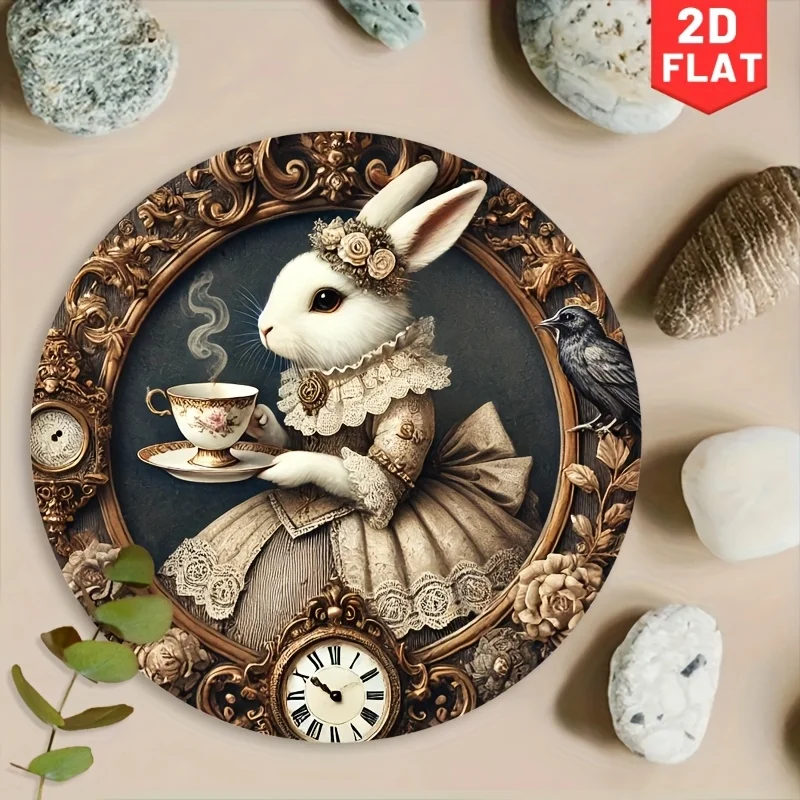 [2D Flat] 1 Stück Vintage Rabbit Coffee Time Rundes Metallschild – Charmante Aluminium-Wandkunst mit elegantem Kaninchen im Teekleid, ideal f Image