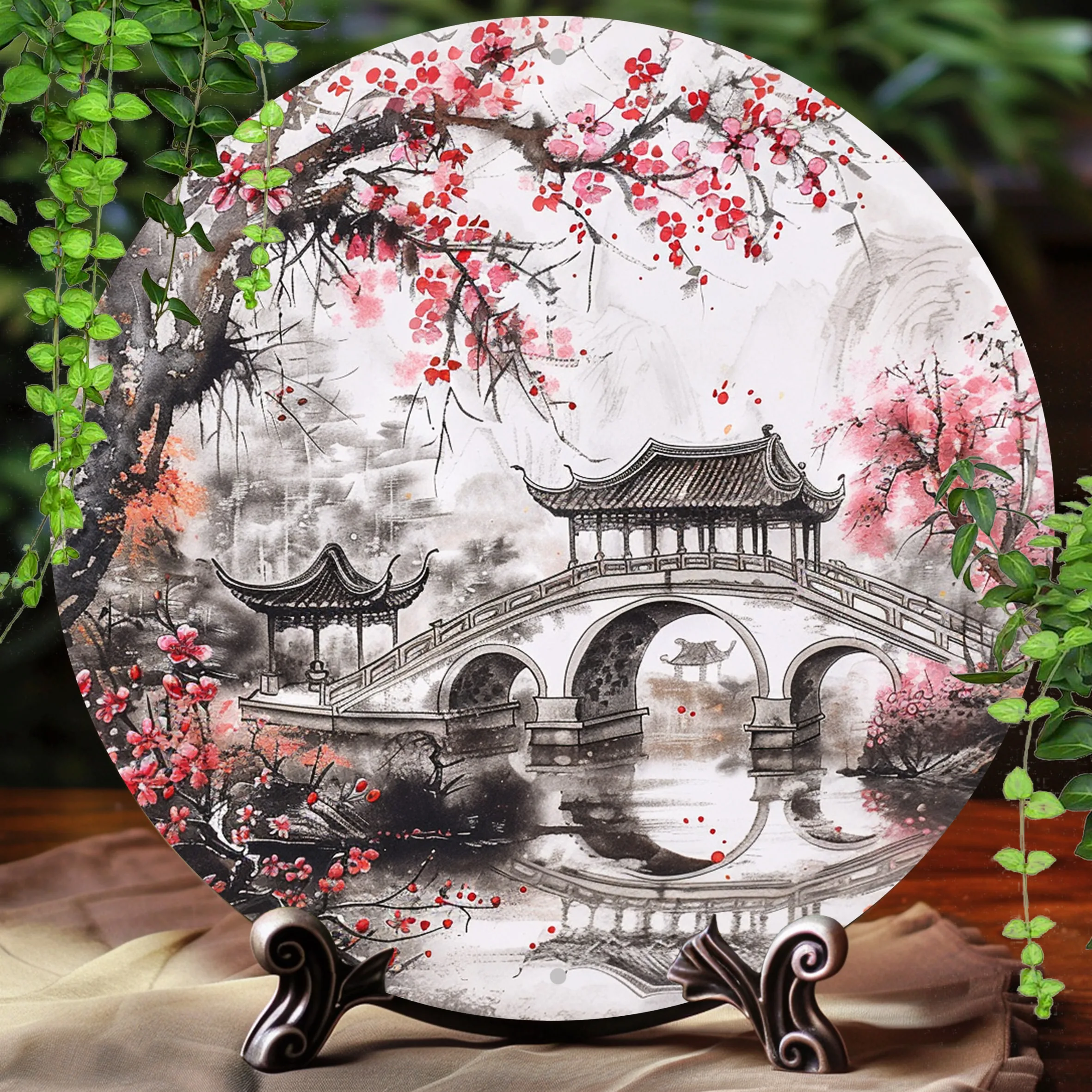 1 Stück, 2D-Flachdruck, rundes Aluminiumschild, Wandkunst, Vintage-Metallschild, chinesische Landschaften, für Bar, Küche, Kaffee, Heimzimmer Image