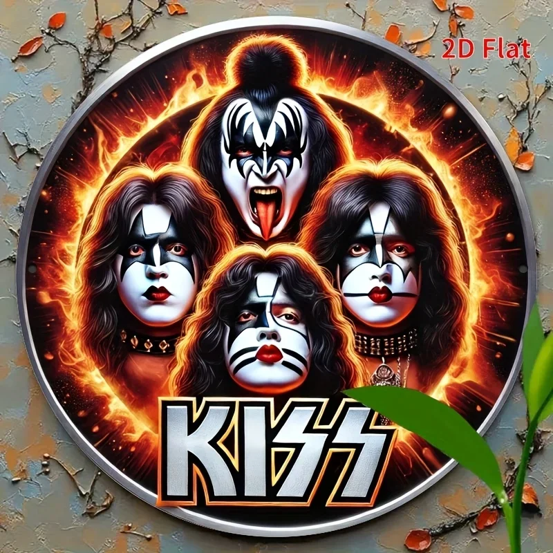 2D flach, 1 Stück „KISS Band“ (19,81 x 19,81 cm), runde Wohndekoration aus Holz, hängende Verzierung, Vintage-Dekoration, geeignet für Zuhause/Küche Image