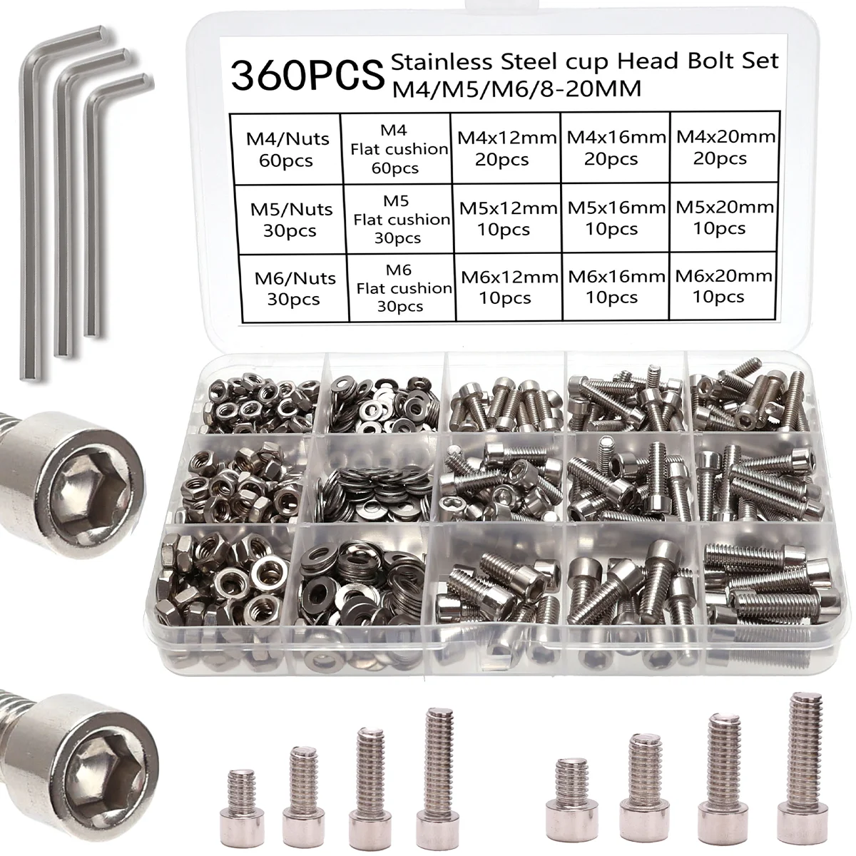 360-teiliges Kombinationsset aus Edelstahl mit Innenwinkel, Mutter und Schraube – M4, M5, M6 Sechskantkopf – inklusive flacher Unterlegscheibenschlüssel Image