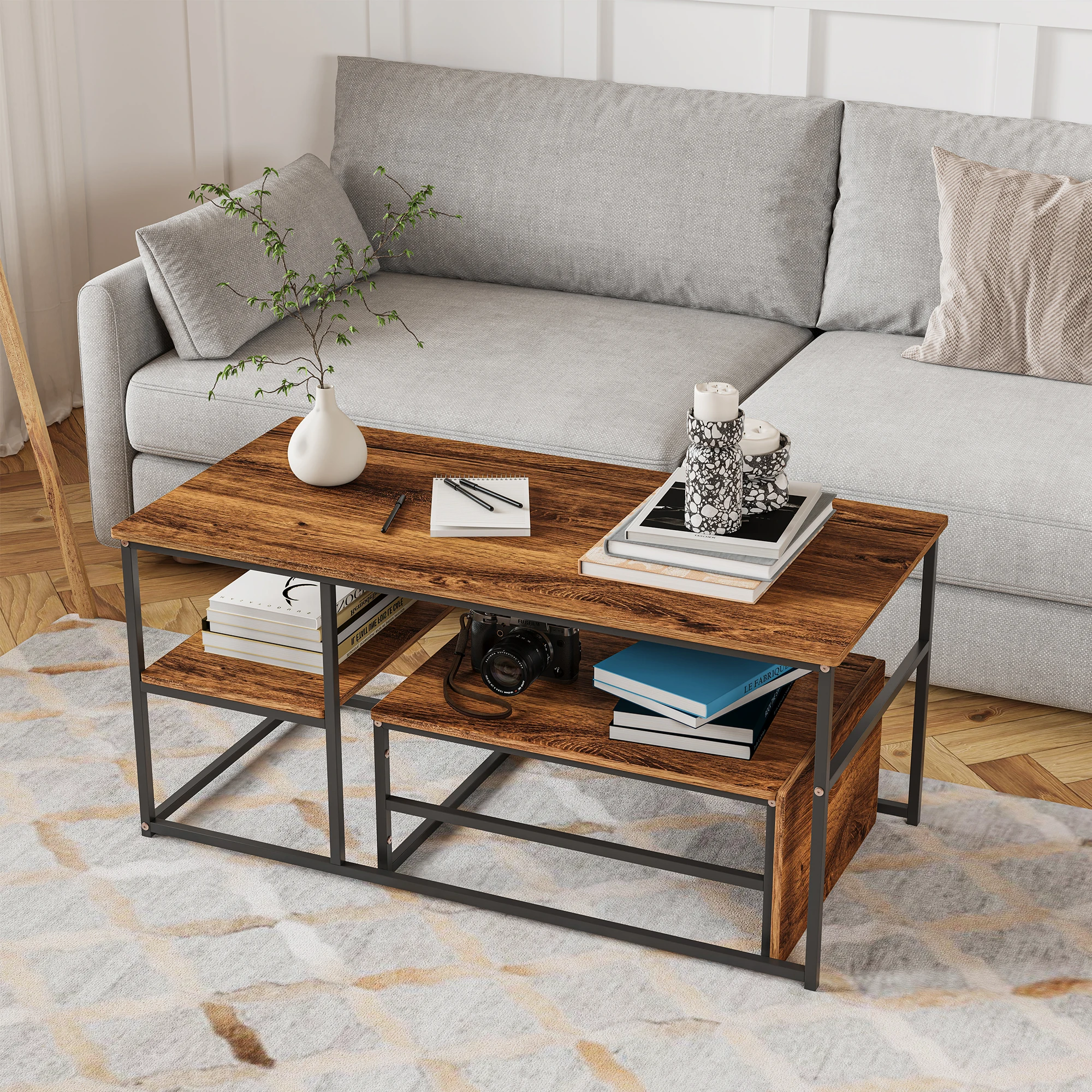 Table Basse Salon Moderne, Tables Gigognes Ensemble de 2 Tables Basses Table Basse Gigogne avec Cadre en Métal Table D