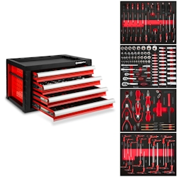 EBERTH Werkzeugkiste aus Metall, 4 Schubladen, gefüllt (134 Teile, rot, kugelgelagert, abschließbar) Image