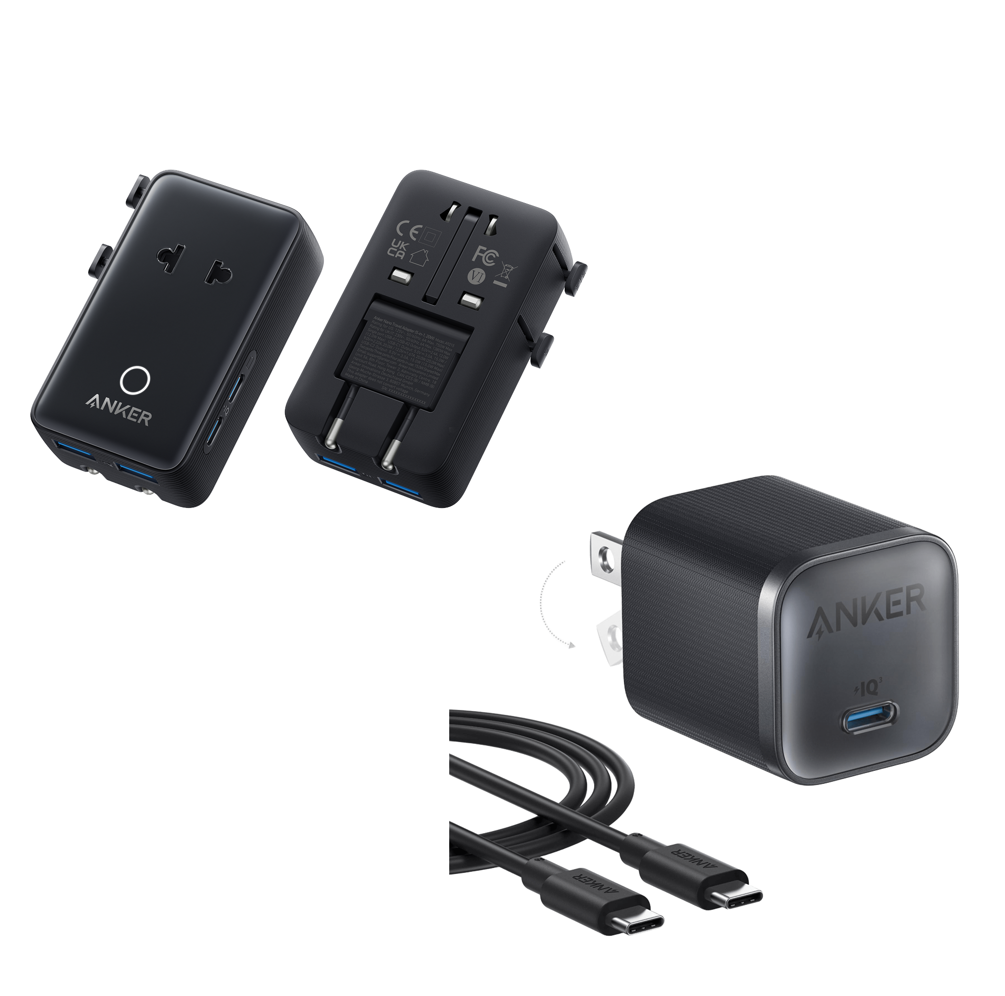 Anker Nano Travel Adapter (5-in-1, 20W, 1-Pack) and Anker Nano Charger (45W) with USB-C to USB-C Cable