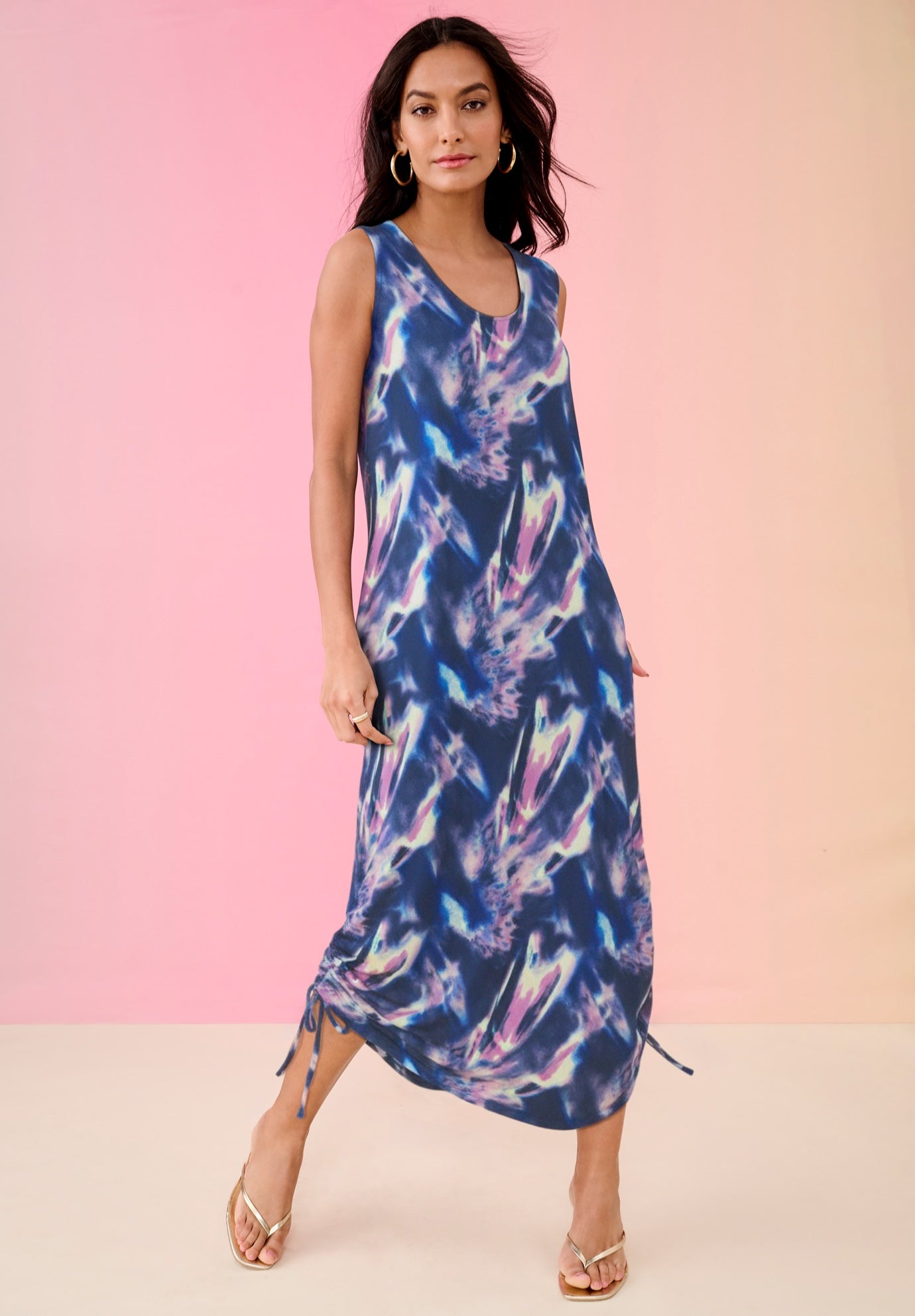 Plus Size Women's Plus Size Stretch Knit Sleeveless Midi Dress with Ruched Hem Detail by Roaman's in Mauve Smoky Tie Dye (Size 38/40)