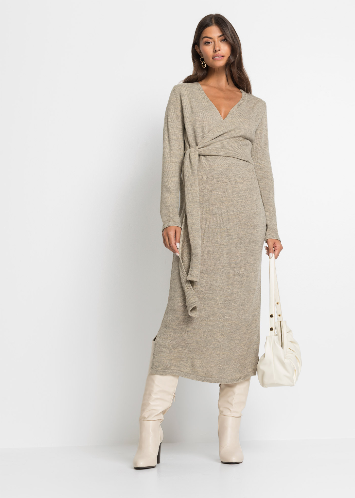 Strickkleid BONPRIX "Midi-Strickkleid", Damen, Gr. 40/42 (M), N-Gr, beige (beige meliert), Obermaterial: 90% Polyacryl, 10% Polyester, slim fit, V-Ausschnitt, Kleider Strickkleid, Midi-Strickkleid in Wickeloptik mit V-Ausschnitt