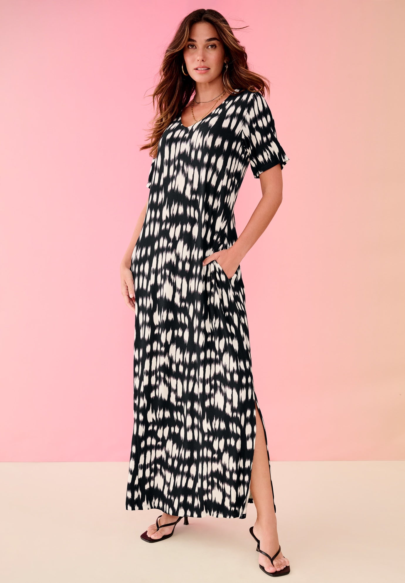 Plus Size Women's Plus Size Stretch Knit Short Sleeve Maxi Dress with Side Slit Detail by Roaman's in Black Ikat Print (Size 18/20)