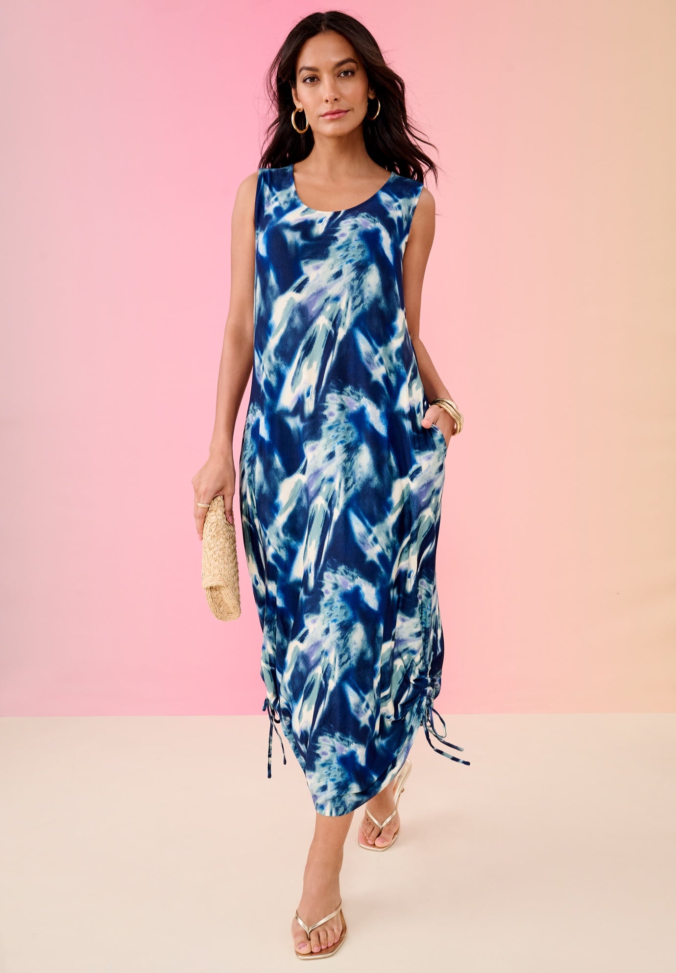 Plus Size Women's Plus Size Stretch Knit Sleeveless Midi Dress with Ruched Hem Detail by Roaman's in Sage Smoky Tie Dye (Size 34/36)