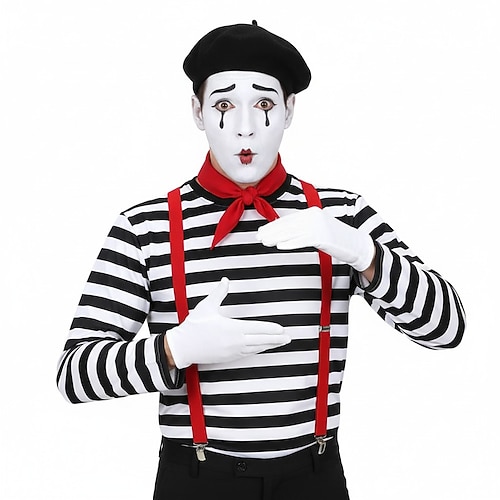Karnevalskostüm Pantomimenkünstler Pantomime-Clown Karneval Ausgefallene Kostüme Zirkus Cosplay-Kostüm Gestreift Erwachsene Paar Herren Damen Halloween Karneval Leistung Party Hausbekleidung Image