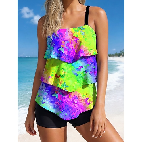 Damen Tankini 2-teiliges Schwimmbad Hohe Taille Volant Geschichtet Rückensfrei Urlaub Strandbekleidung Ombre Grafik U-Ausschnitt Ärmellose Badeanzüge Image