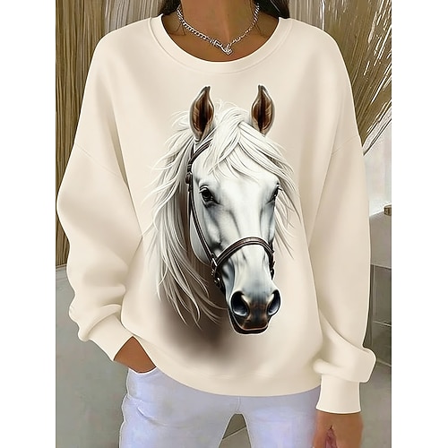 Damen Pullover Druck Grafik Tiermotiv Warm Klassisch Lässig Langarm Rundhalsausschnitt Normale Oberteile Lässig Heim Straße Weiß Gelb Beige Frühling Herbst Winter Image