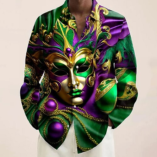 Karneval Herren Maske Karnival Glasperlen Hemd Knopfhemd Langarm Modisch lässig Party Ferien Frühling Herbst Umlegekragen 3D-Druck Hemden mit Kragen Blau Purpur Grün Dunkelviolett Image