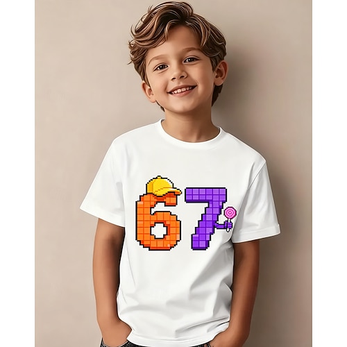 Baumwolle Kinder Jungen Schwarz Weiß Grafik Hut Lustiger Slang 67 T-Shirt Bluse Rundhalsausschnitt Kurzarm Outdoor Alltagskleidung Mode Streetwear Designer Drucken Sommer Image