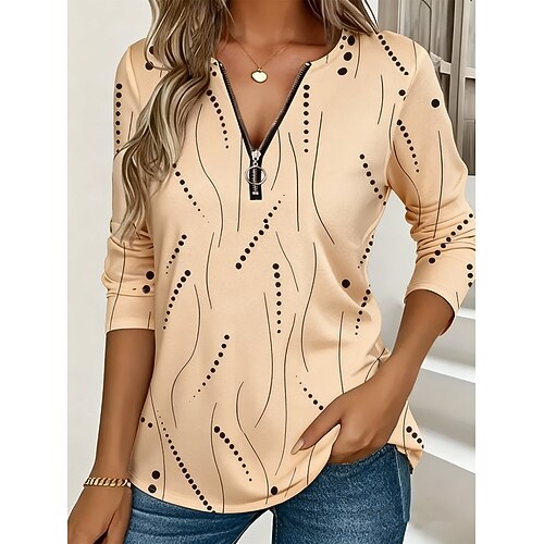 Damen T Shirt Reißverschluss Druck Grafik Geometrisch Vintage Mode Stilvoll Langarm Rundhalsausschnitt V Ausschnitt Normale Oberteile Täglich Blau Weiß Gelb Rosa Rote Frühling Herbst Winter Image