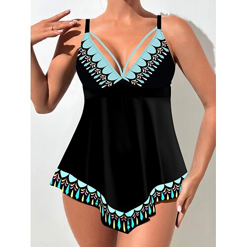 Damen Tankini 2-teilig Badeanzug Frecher Bauchkontrolle Hohe Taille Schmal Rückenfrei Urlaubs Strandbekleidung Grafik Farbblock V-Hals Ärmellose Badeanzüge Image