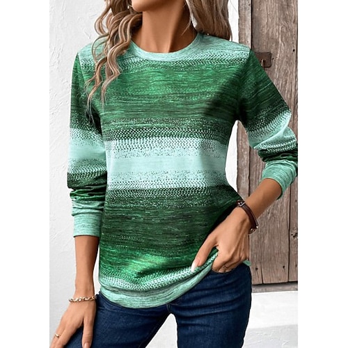 Damen T Shirt Druck Ombre Grafik Geometrisch Mode Stilvoll Klassisch Langarm Rundhalsausschnitt Rundhals Normale Oberteile Täglich Wochenende Purpur Braun Grün Sommer Frühling Herbst Image