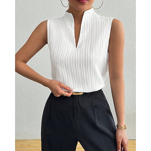 Damen T Shirt T-Shirt Patchwork Einfarbig Elegant Lässig Ärmellos V Ausschnitt Normale Oberteile Täglich Ausgehen Wochenende Weiß Sommer Frühling Herbst Image