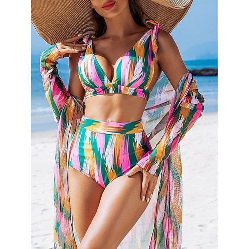 Damen Bikini 3-teiliger Badeanzug Shorts Slim Rückenfrei Urlaubs Strandbekleidung Farbblock V-Ausschnitt Ärmelloser Badeanzug Image