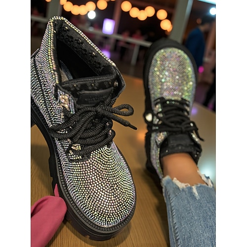 Glitzernde Schnürstiefeletten für Damen – funkelnde Strass-Plateau-Stiefeletten im angesagten Club-Style fürs Nachtleben Abendgarderobe Image