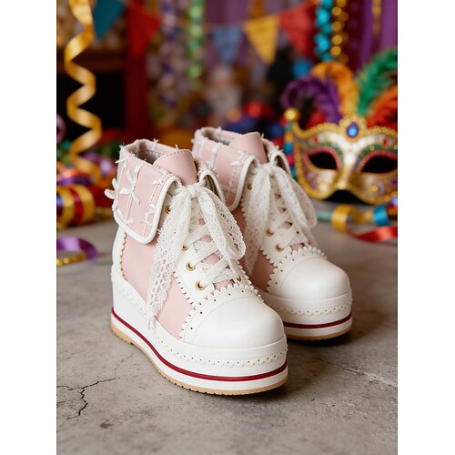 Damen Mardi Gras orange Wedge-Ankle-Boots mit Spitze – umgeschlagene Cuff-Cosplay-Schuhe für Karnevalskostüme Anime-Cosplay und Themenpartys Image