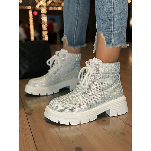 Glitzernde Schnürstiefeletten für Damen – funkelnde Strass-Plateau-Stiefeletten im angesagten Club-Style fürs Nachtleben Abendgarderobe Image