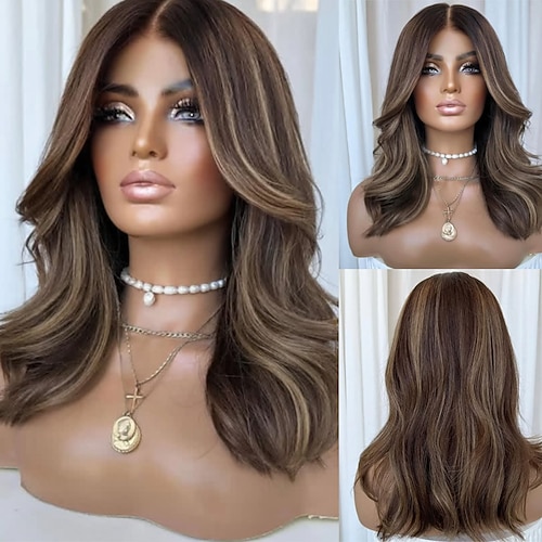 Echthaarperücke aus unbehandeltem Remy-Haar, 5x5 Lace Closure, 13x4 Lace Front, brasilianisches Echthaar, gewellt, aschblond mit Highlights, vorgezupftes Babyhaar Image