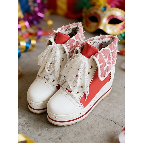 Damen Mardi Gras orange Wedge-Ankle-Boots mit Spitze – umgeschlagene Cuff-Cosplay-Schuhe für Karnevalskostüme Anime-Cosplay und Themenpartys Image