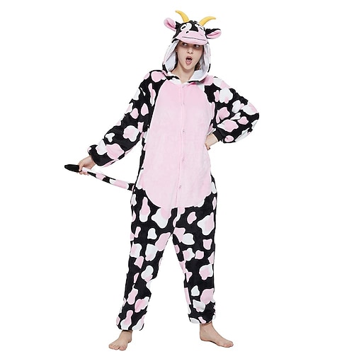 Karnevalskostüm Tier Cow Karneval Kigurumi-Pyjamas Gruppenkostüm Onesie-Kostüm Warm Bequem Mit Kapuze Fleece Erwachsene Herren Damen Unisex Halloween Karneval Party Leistung Hausbekleidung Einfaches Image