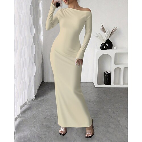 Damen Langes Kleid Maxikleid Abschlussballkleid Partykleid Cocktailkleid Modern Abendgesellschaft Party Besonderer Anlass Normale Passform Einfach Langarm Rundhalsausschnitt Schwarz Weiß Rosa Khaki Image