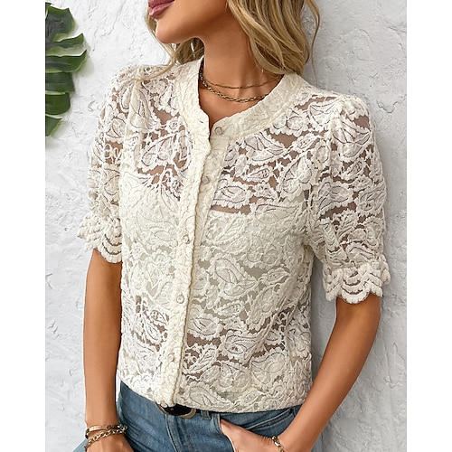 Damen Bluse Spitzentops Spitze Knöpfe Einfach Vintage Stilvoll Kurzarm Rundhalsausschnitt Normale Oberteile Täglich Ferien Ausgehen Schwarz Weiß Aprikose Sommer Image