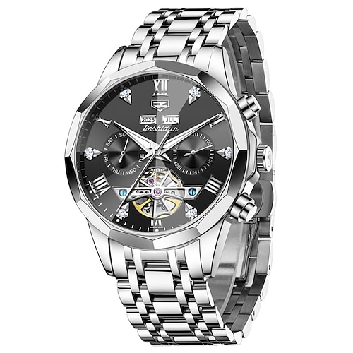 Olevs Herren-Automatikuhr mit Lederarmband, Kalender, Skelett-Zifferblatt, trendklassisch, wasserdicht, Moonswatch Armbanduhr 7009 Image