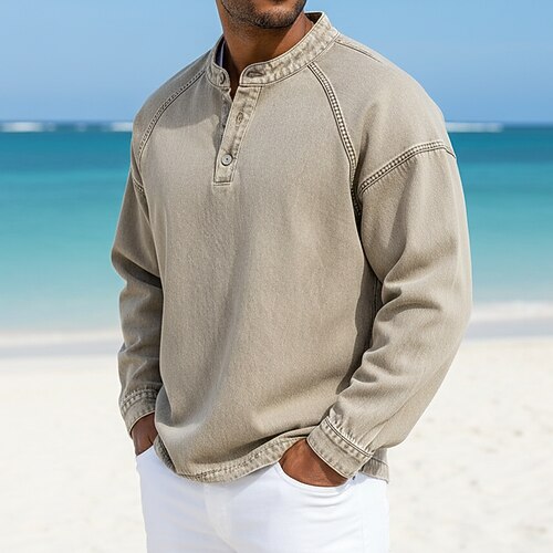 Herren T Shirt Henley Hemd Hemd aus 100 % Baumwolle in Säurewaschung T-Shirt Langarm Stehkragen Henley Sommer Frühling Herbst Einfach Vintage Streetwear Lässig Gewaschen Raglanärmel Lässig Heim Straße Image