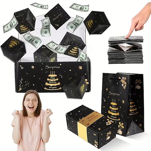 Überraschungs-Hüpfbox mit 6/10/12/16/18/20 Stück, gefüllt mit Geld und Konfetti – lustiges Pop-up-Design, schwarz mit goldenen Akzenten, perfekt für Geburtstage oder besondere Anlässe. Image